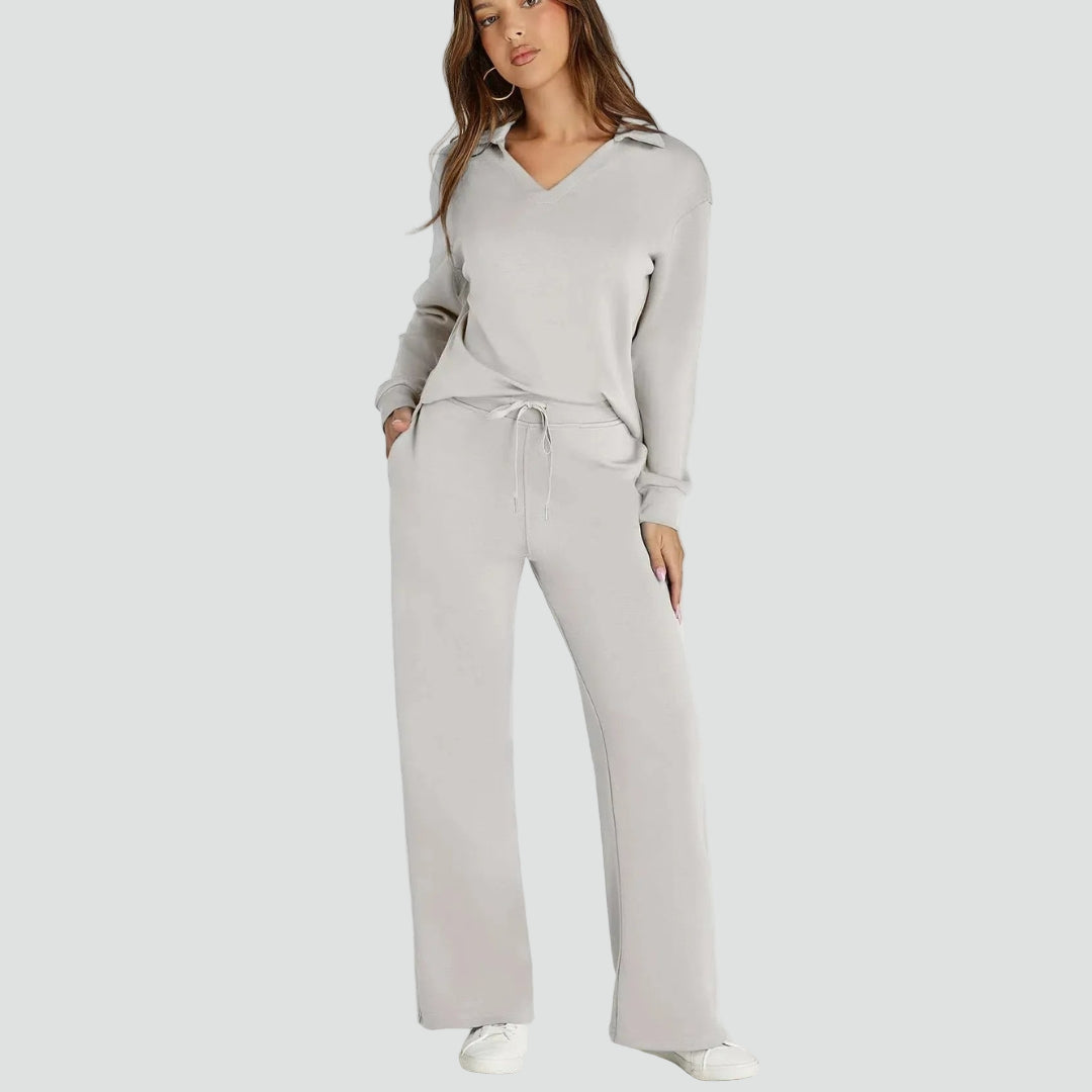 Zestaw homewear damski z kołnierzykiem i szerokimi spodniami