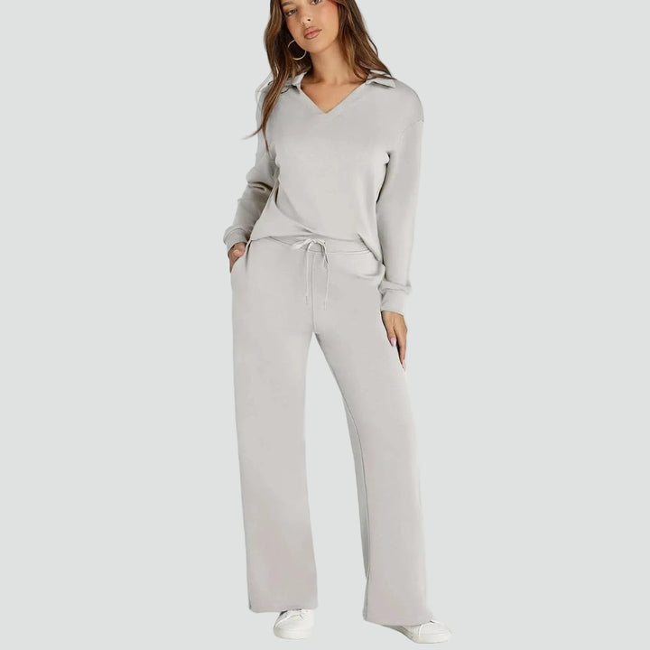 Zestaw homewear damski z kołnierzykiem i szerokimi spodniami