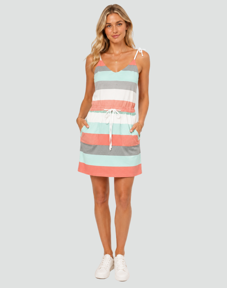 Striped women's mini dress with waist tie and pockets