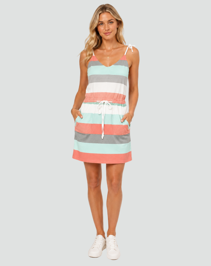 Striped women's mini dress with waist tie and pockets