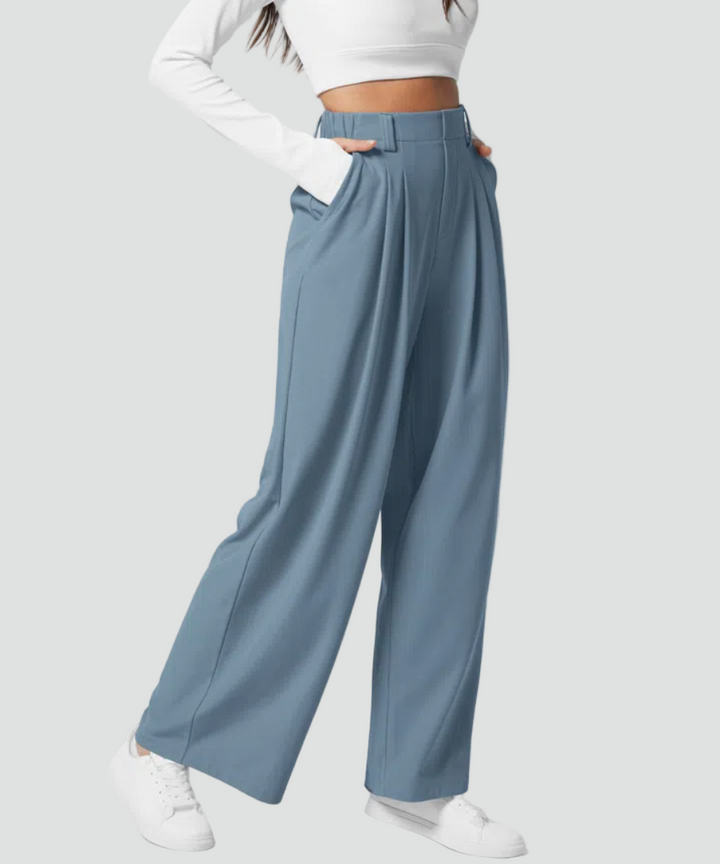 Eleganckie elastyczne spodnie damskie wide leg z wysokim stanem