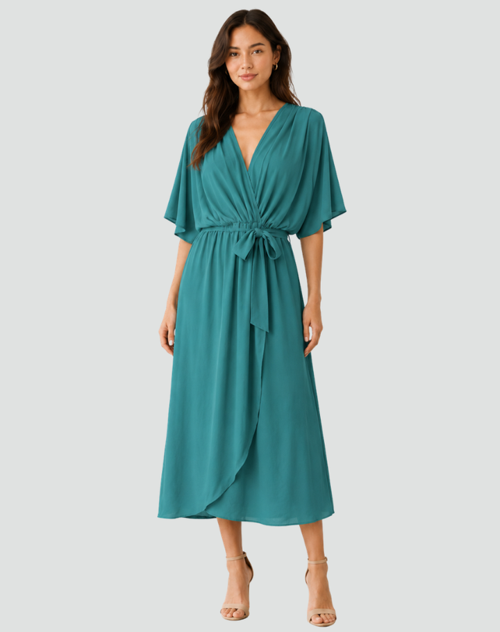 Flowy midi gala dress with a wrap neckline and tie