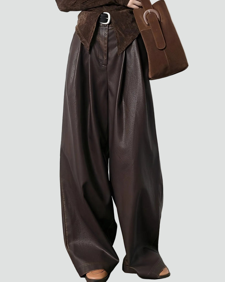 Damskie klasyczne spodnie z efektem skóry z wysokim stanem i szeroką nogawką