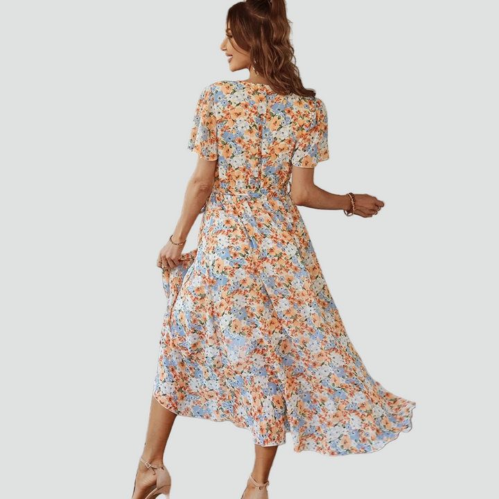 Kwiecista sukienka kopertowa midi z falbaną dla kobiet