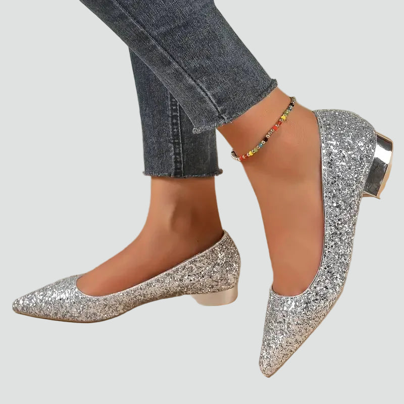 Elegant glitter pointed toe low heel pumps