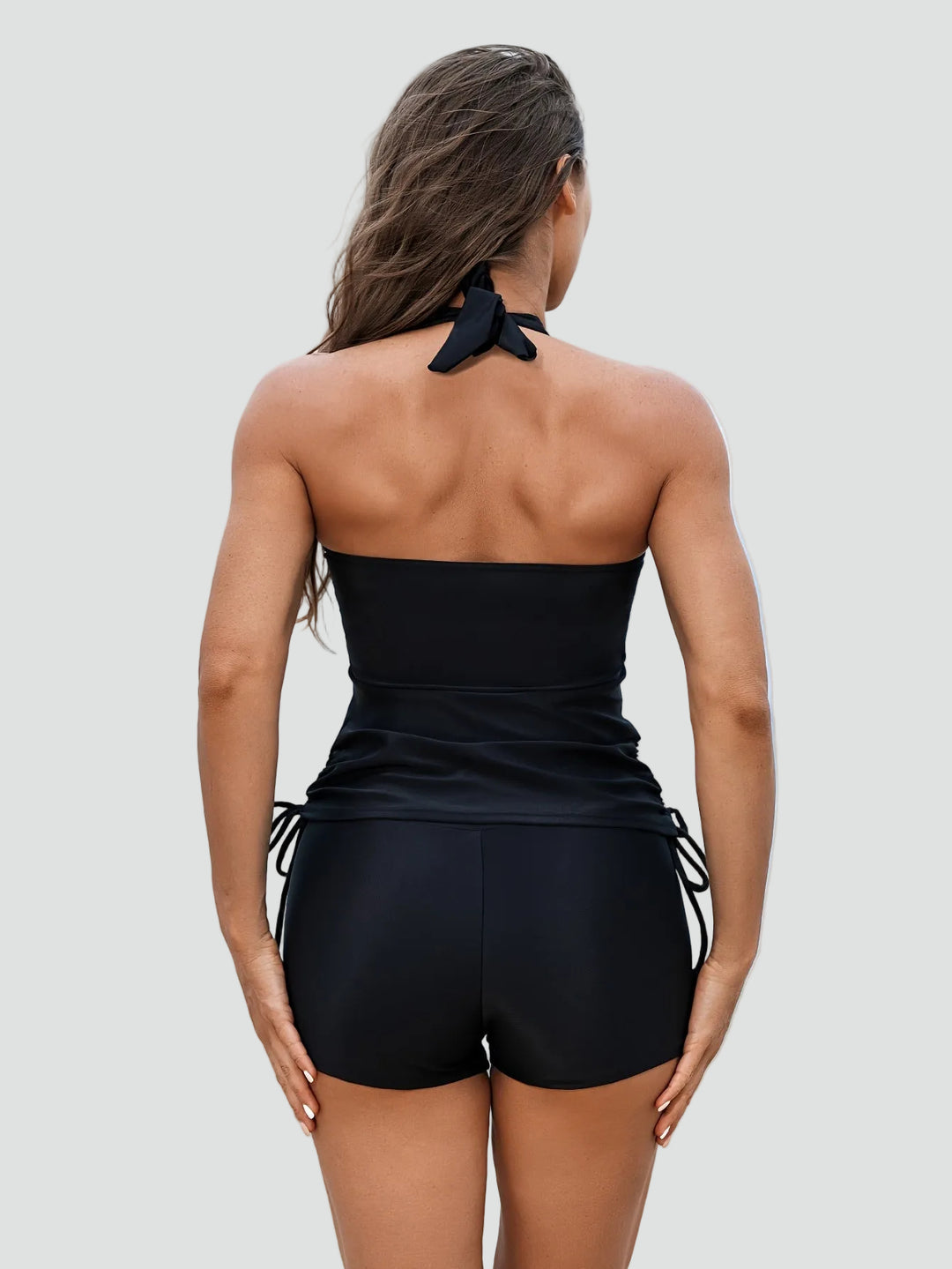 Ensemble tankini noir pour femme avec short à nouer et décolleté en V