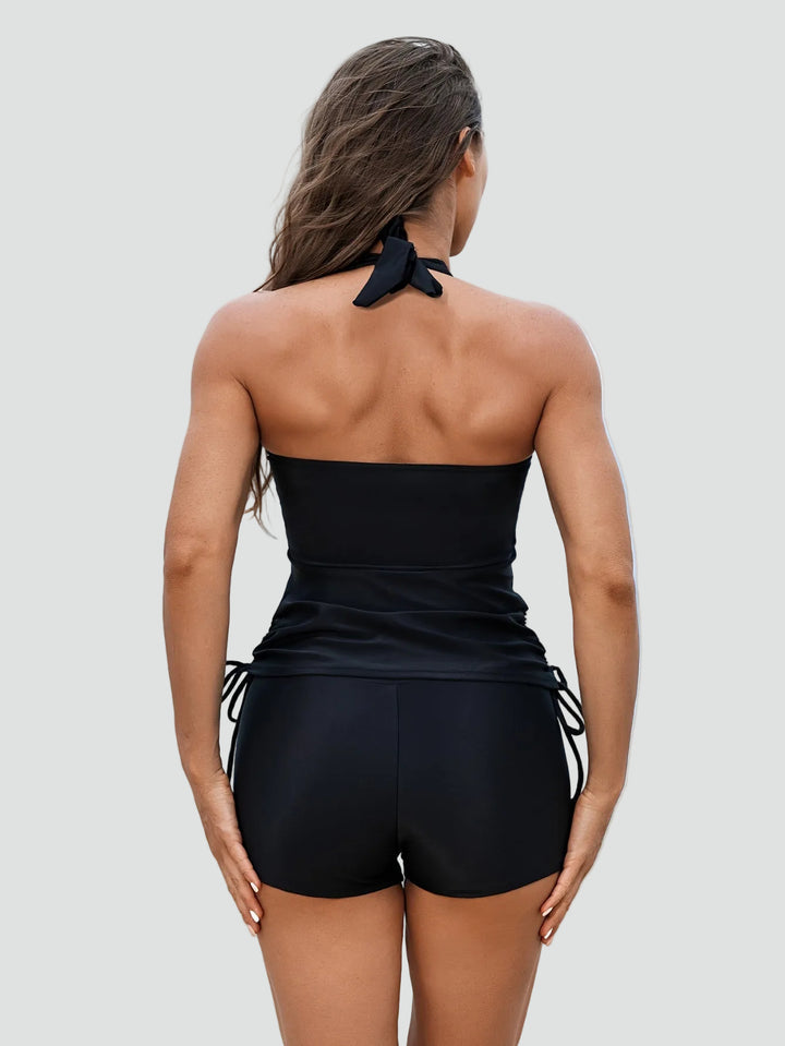 Ensemble tankini noir pour femme avec short à nouer et décolleté en V