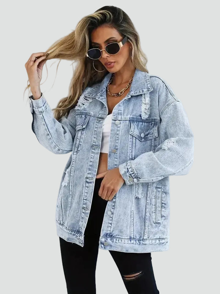 Oversized women's denim jacket with distressing for everyday wear