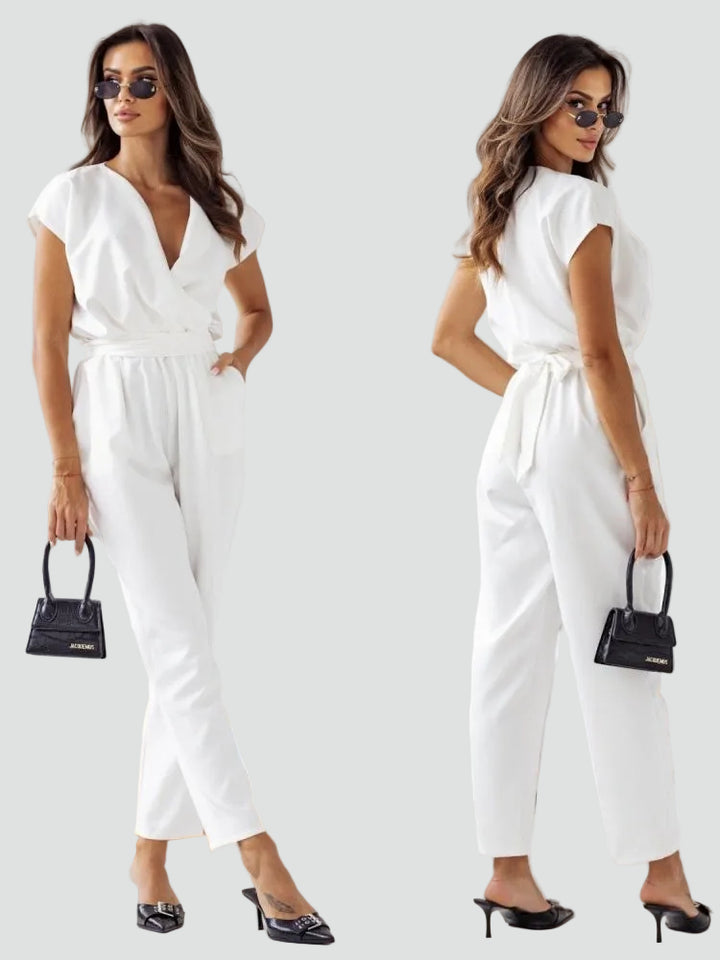 Elegant Women's Jumpsuit with Wrap Neckline and Waist Tie