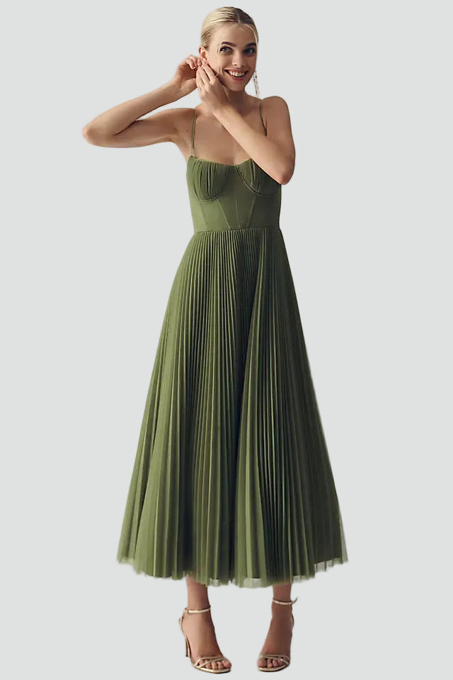 Olive midi cocktail dress with corset and pleats for weddings