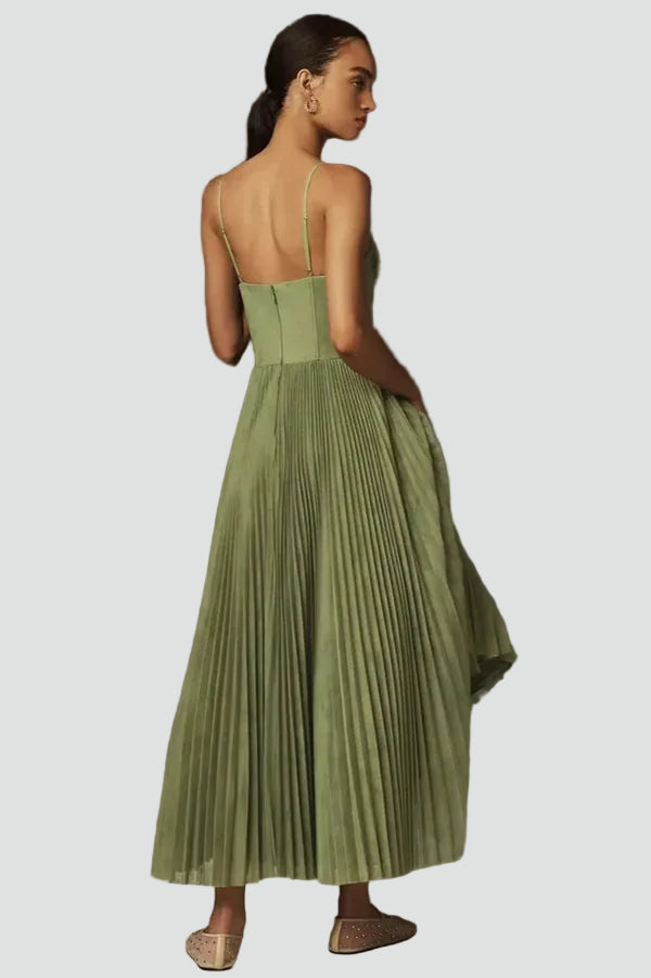 Olive midi cocktail dress with corset and pleats for weddings