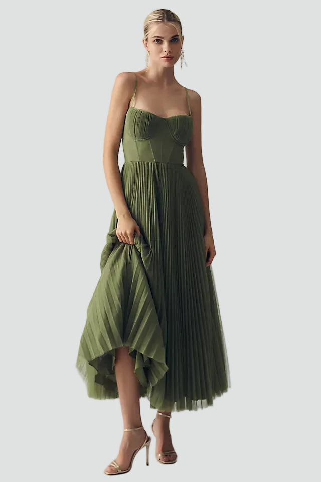 Olive midi cocktail dress with corset and pleats for weddings