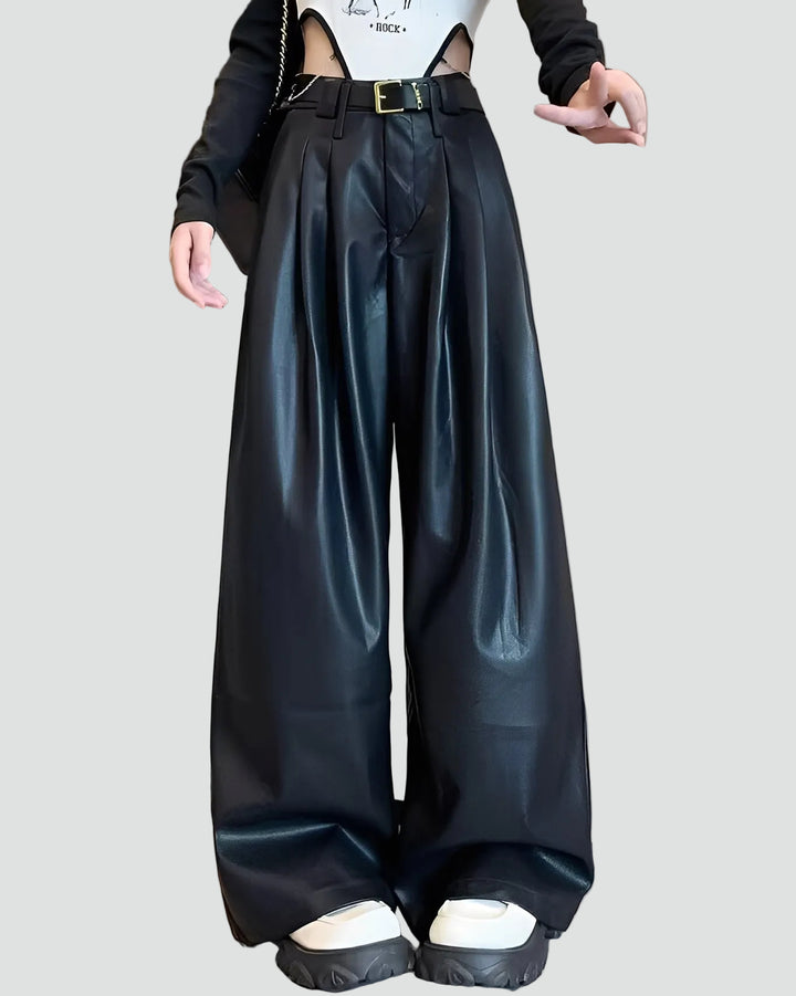 Damskie klasyczne spodnie z efektem skóry z wysokim stanem i szeroką nogawką
