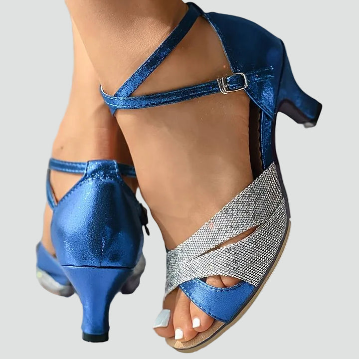 Elegant heeled sandals with rhinestones and ankle strap