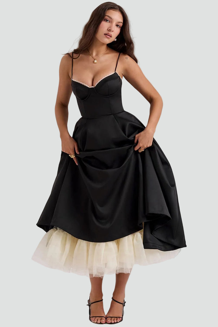 Elegancka sukienka koktajlowa midi damska z gorsetową górą