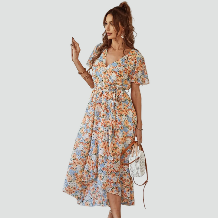 Kwiecista sukienka kopertowa midi z falbaną dla kobiet