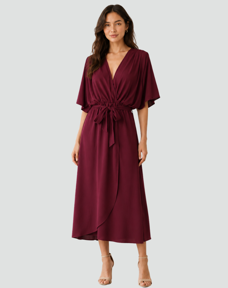 Flowy midi gala dress with a wrap neckline and tie