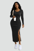 Ribbed maxi party dress with a slit