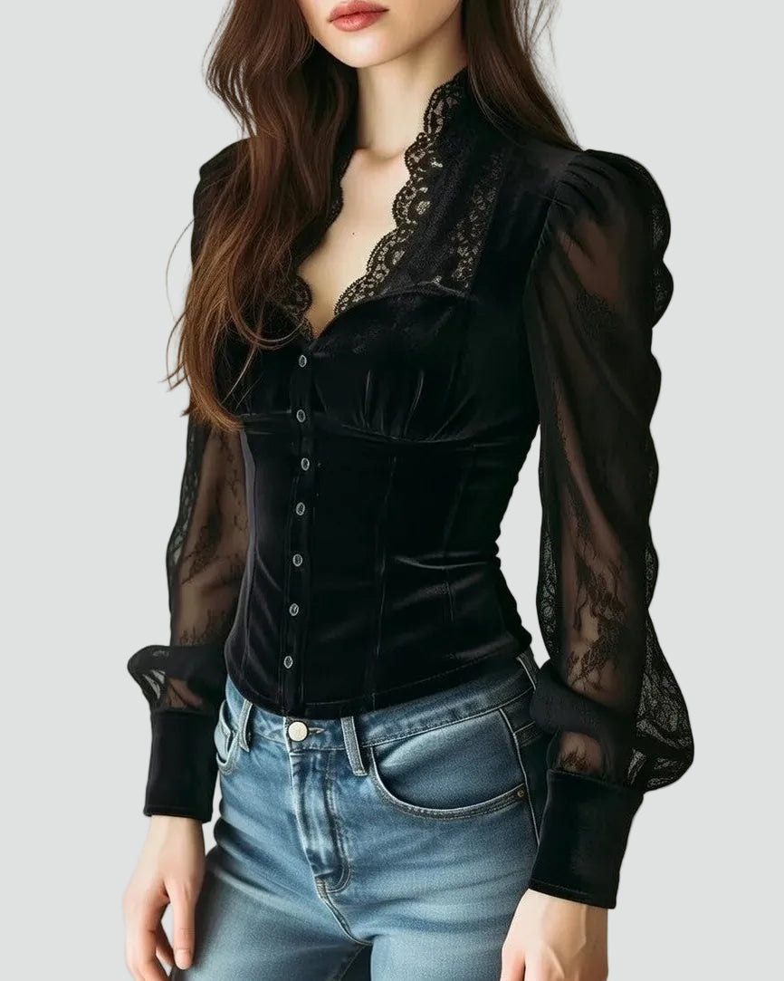 Fitted women's lace blouse with buttons and tulle sleeves