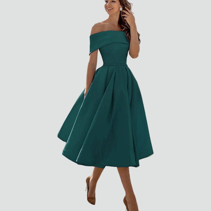 Robe midi cocktail évasée épaules dénudées