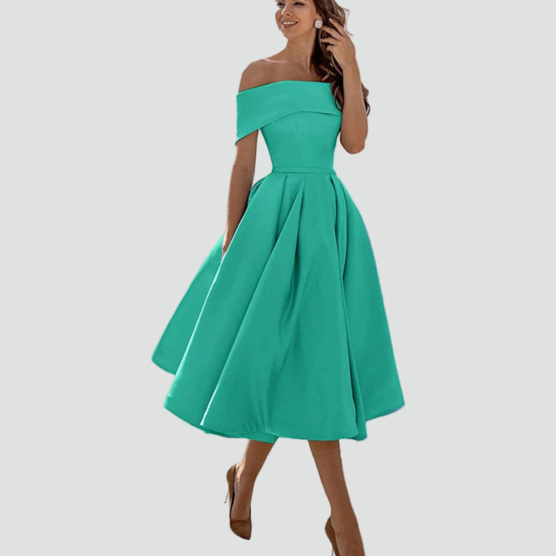 Robe midi cocktail évasée épaules dénudées