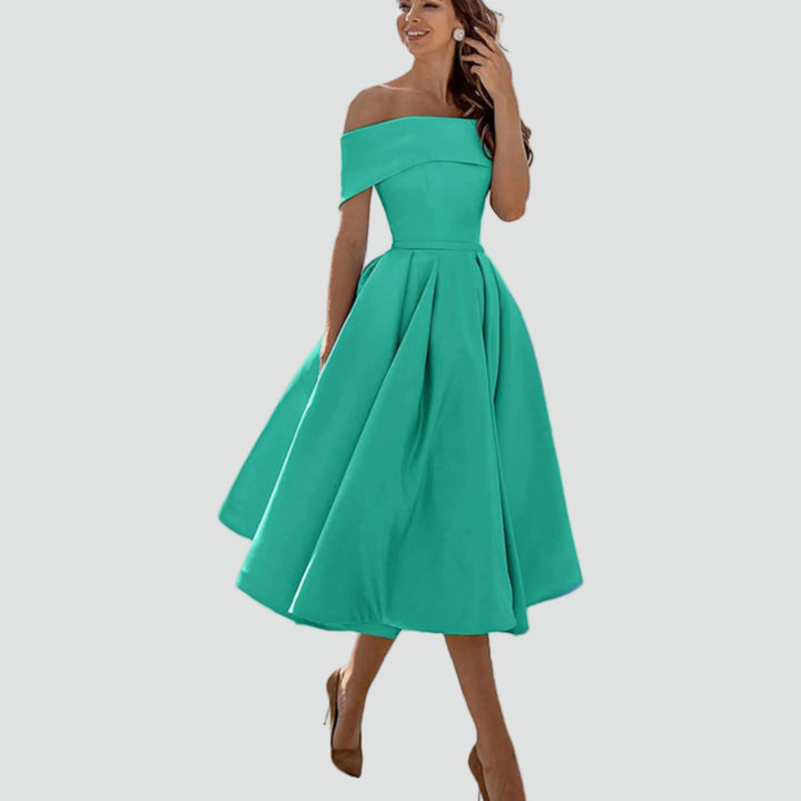 Robe midi cocktail évasée épaules dénudées