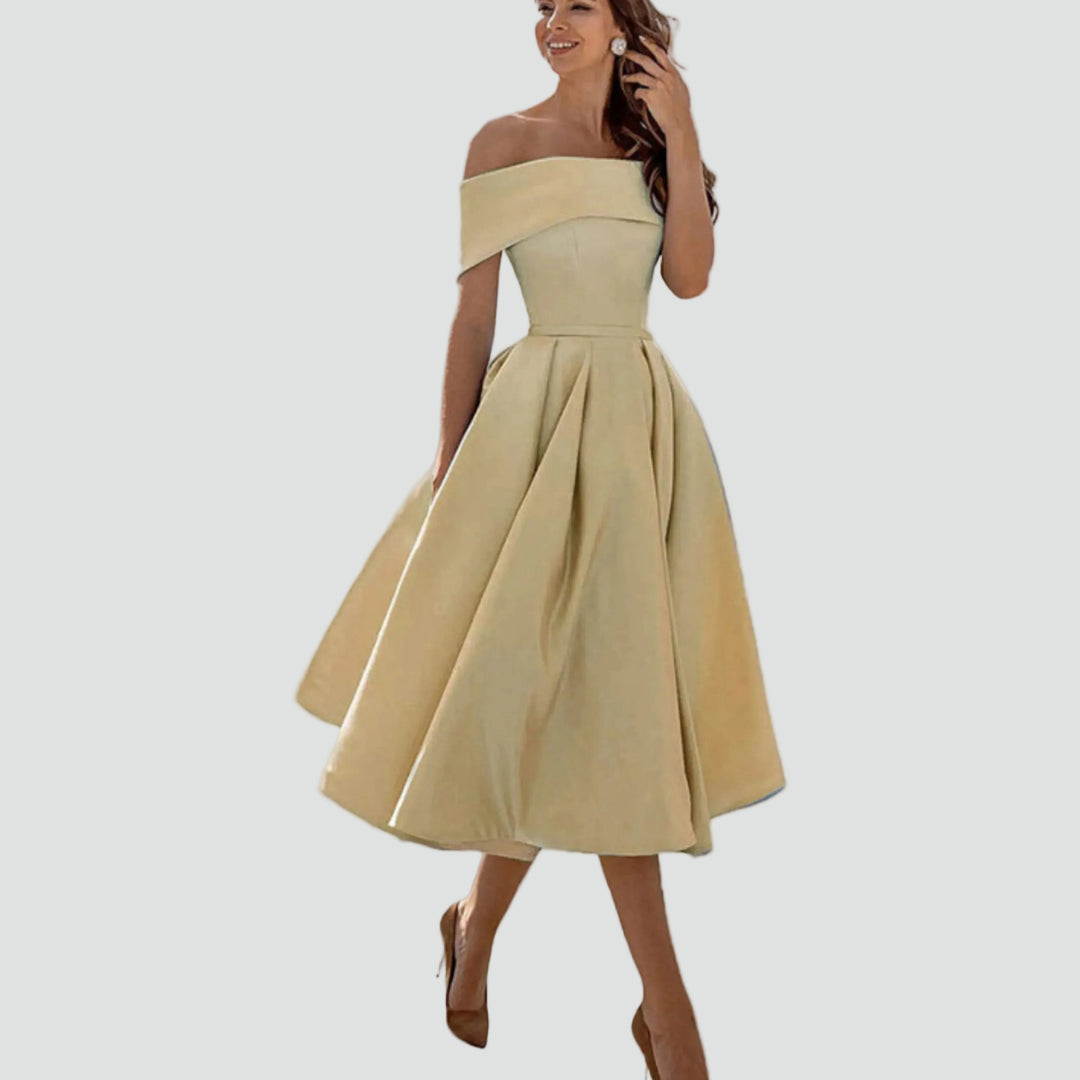 Robe midi cocktail évasée épaules dénudées