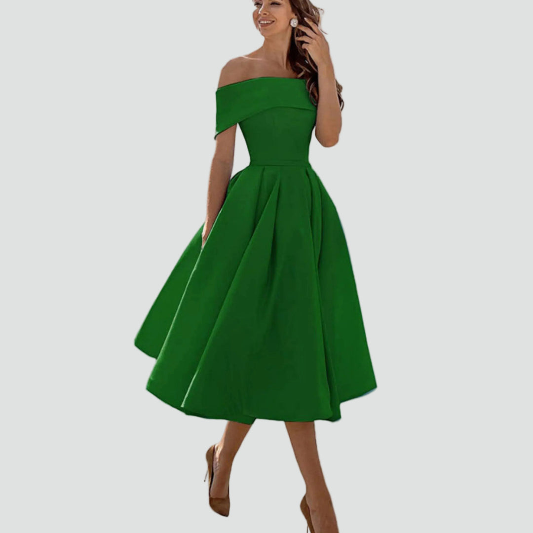 Robe midi cocktail évasée épaules dénudées