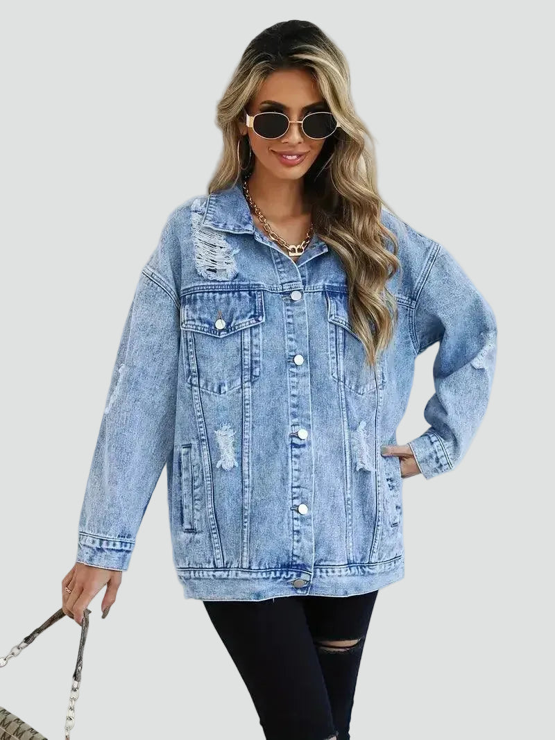 Oversized women's denim jacket with distressing for everyday wear