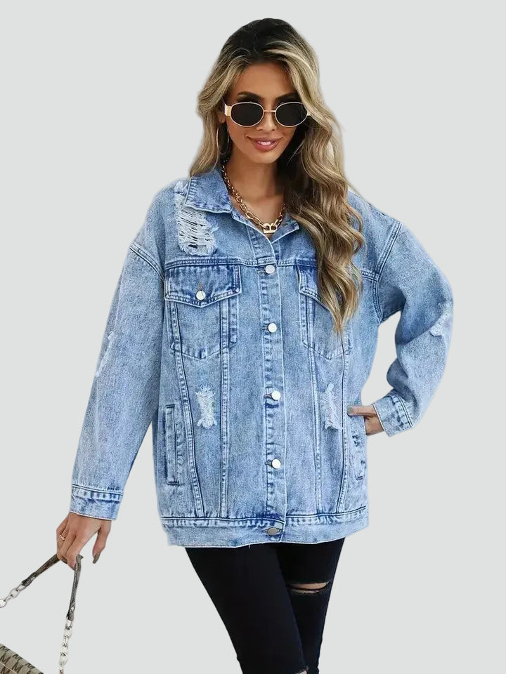 Oversized women's denim jacket with distressing for everyday wear