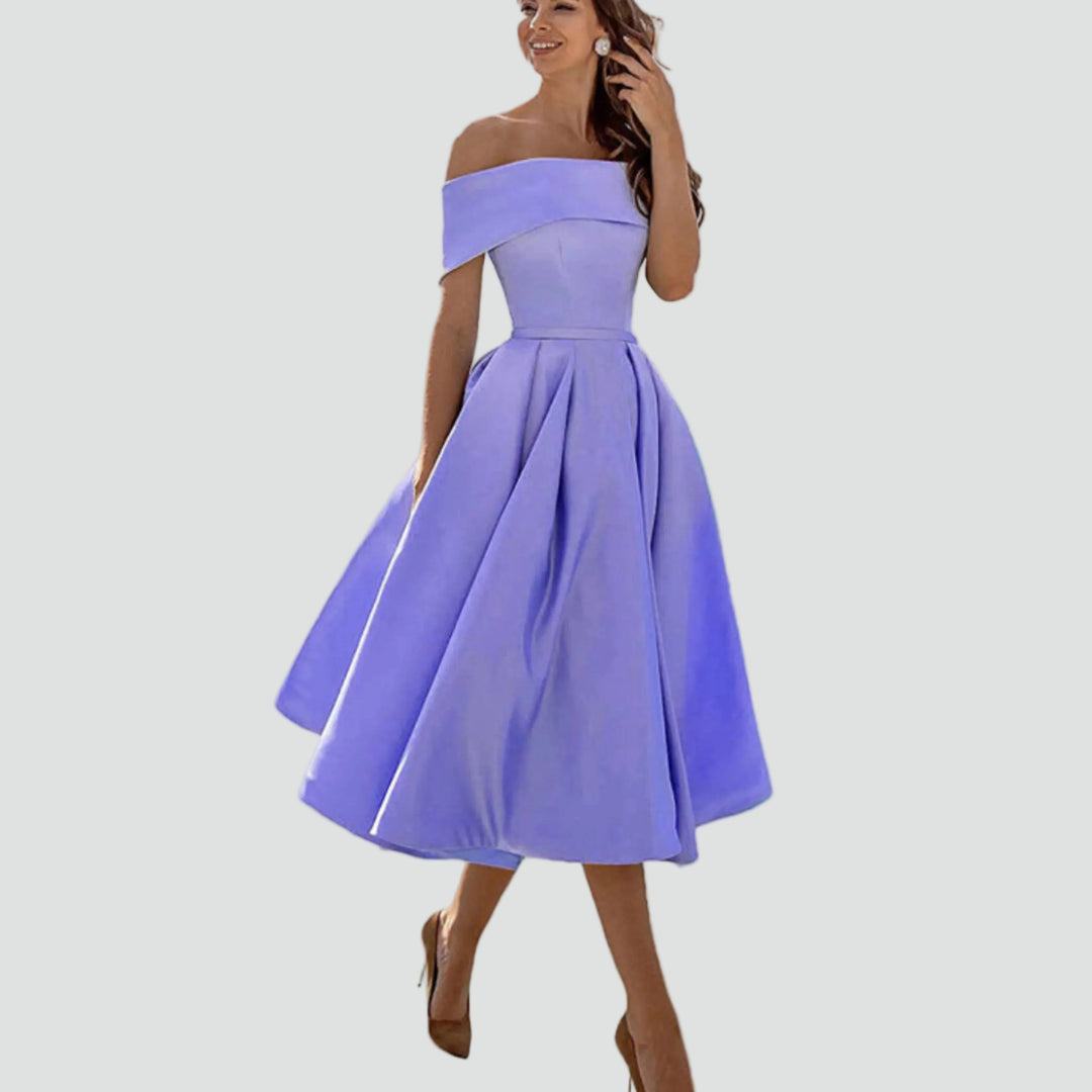 Robe midi cocktail évasée épaules dénudées