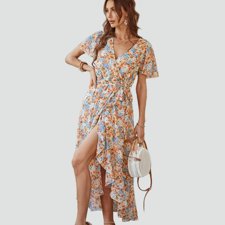 Kwiecista sukienka kopertowa midi z falbaną dla kobiet