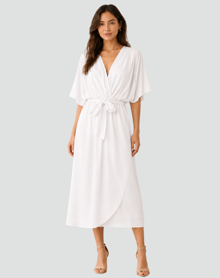 Flowy midi gala dress with a wrap neckline and tie