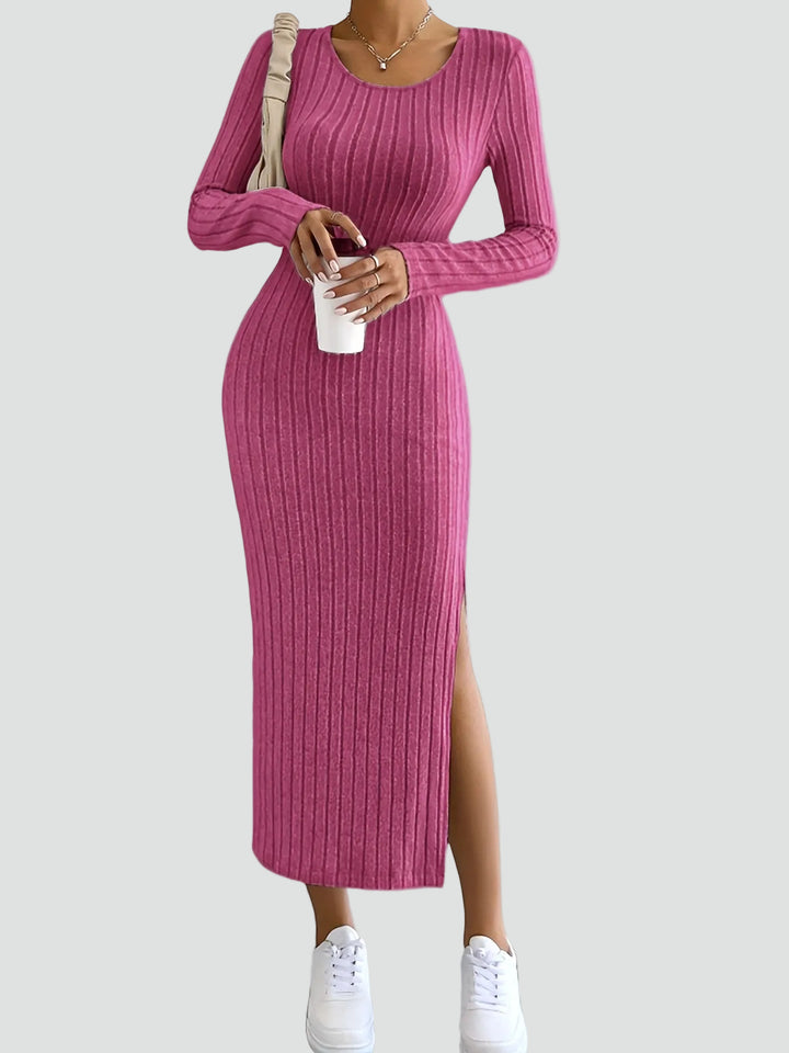 Geribbelde maxi feestjurk met split