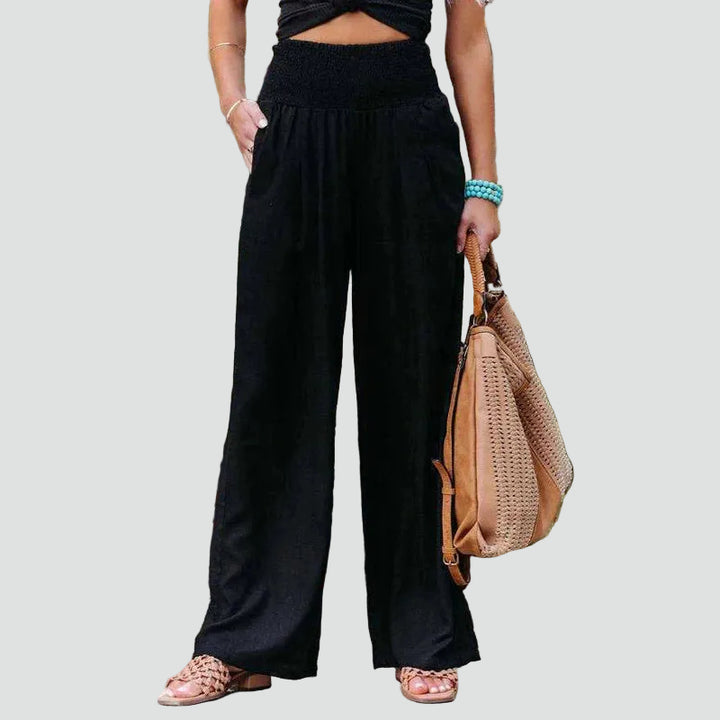 Summer pants with wide legs and a gathered waist