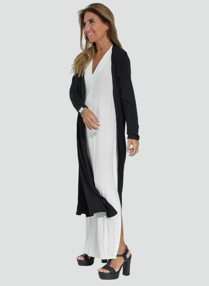 Women's set with maxi dress, shrug, V-neck, and slit