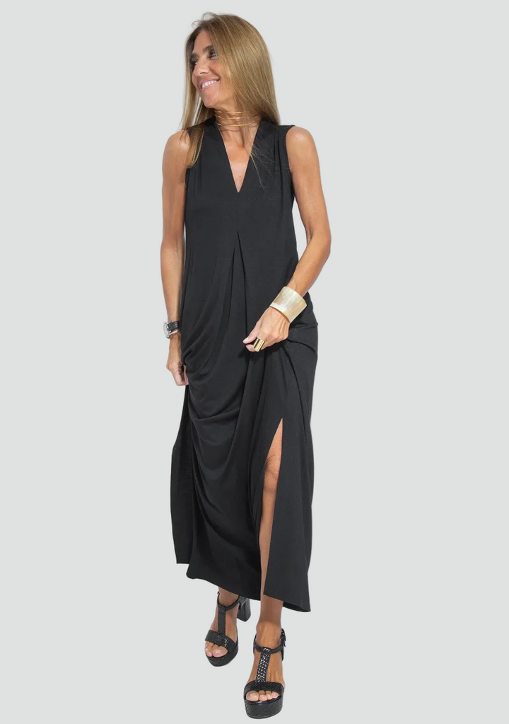 Women's set with maxi dress, shrug, V-neck, and slit