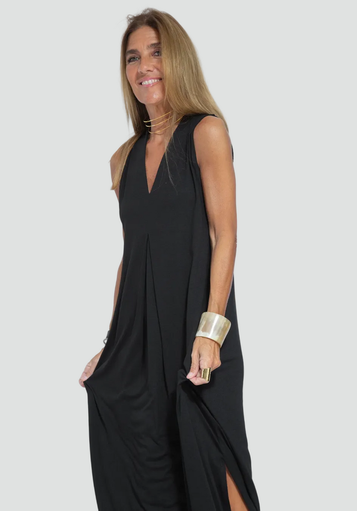 Women's set with maxi dress, shrug, V-neck, and slit