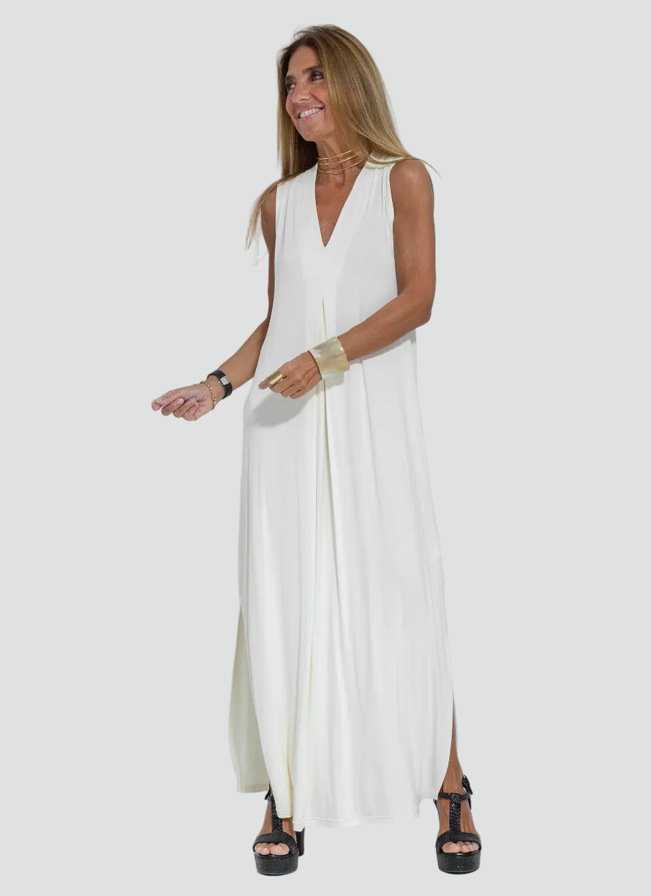 Women's set with maxi dress, shrug, V-neck, and slit
