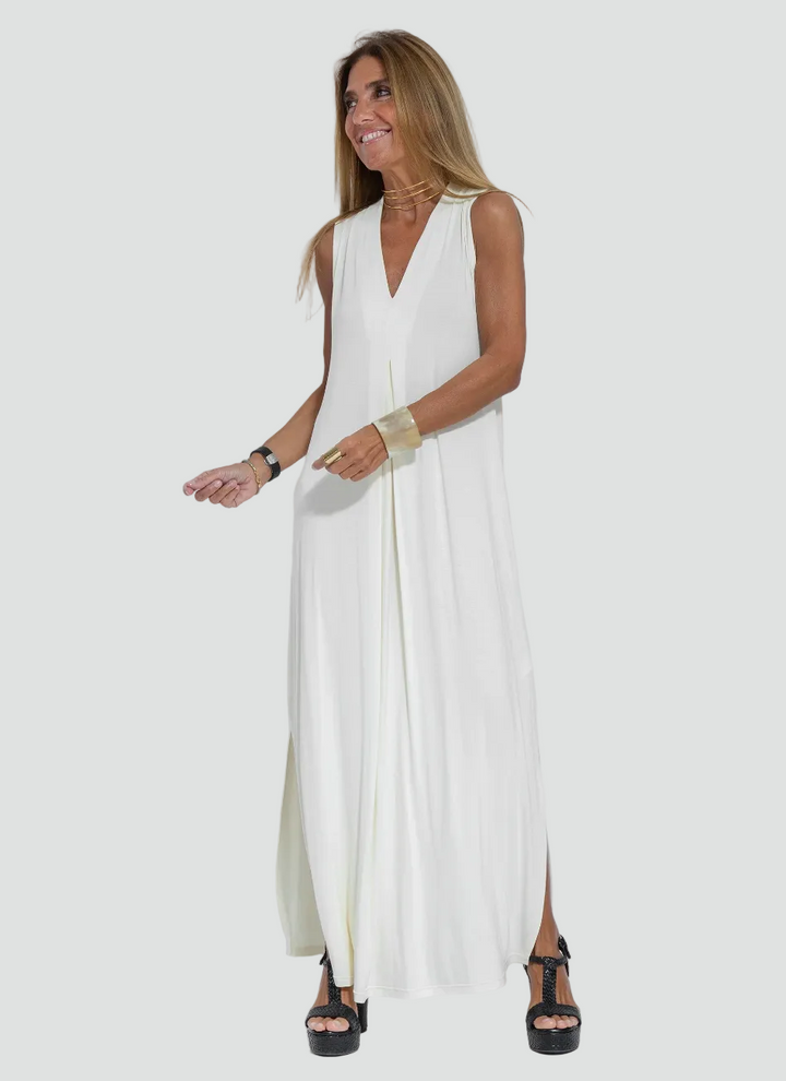 Women's set with maxi dress, shrug, V-neck, and slit