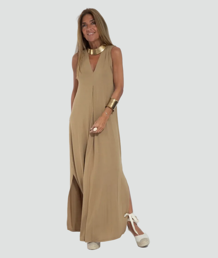 Women's set with maxi dress, shrug, V-neck, and slit