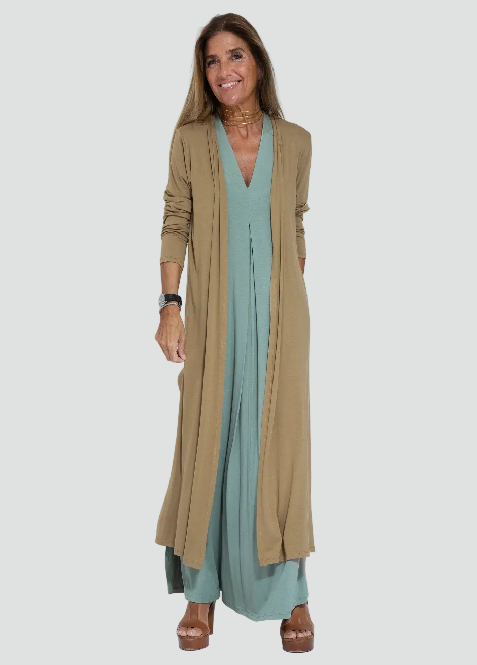 Women's set with maxi dress, shrug, V-neck, and slit