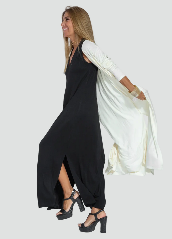 Women's set with maxi dress, shrug, V-neck, and slit