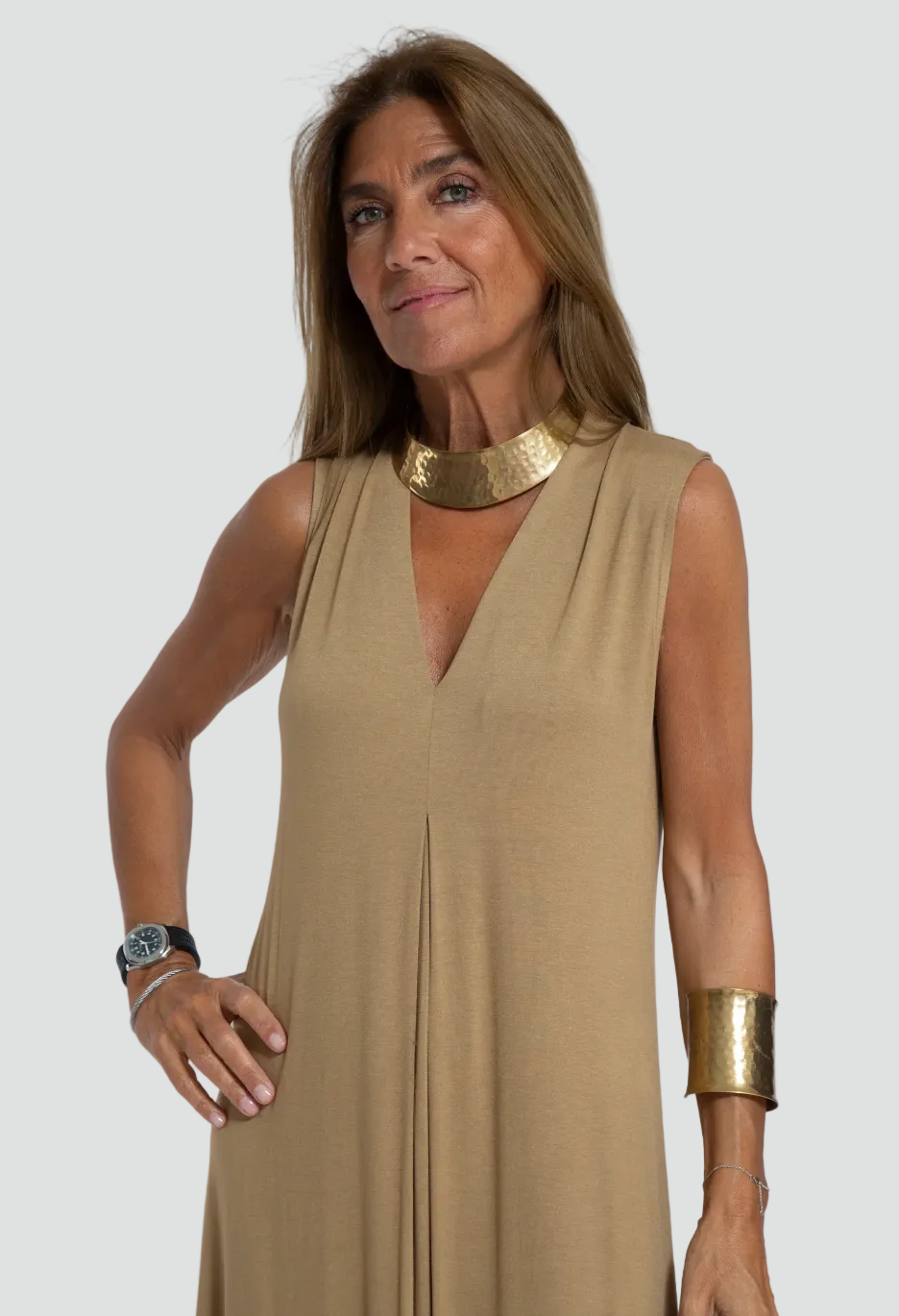 Women's set with maxi dress, shrug, V-neck, and slit