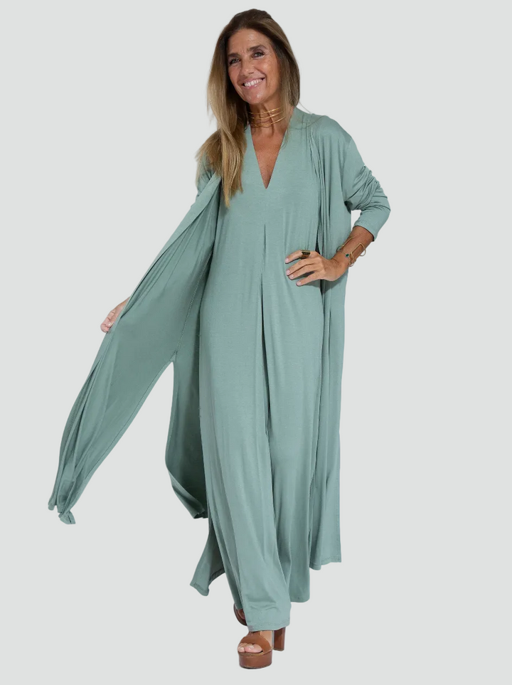 Women's set with maxi dress, shrug, V-neck, and slit