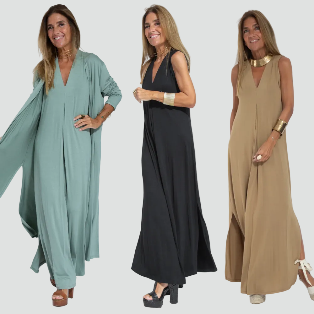 Women's set with maxi dress, shrug, V-neck, and slit