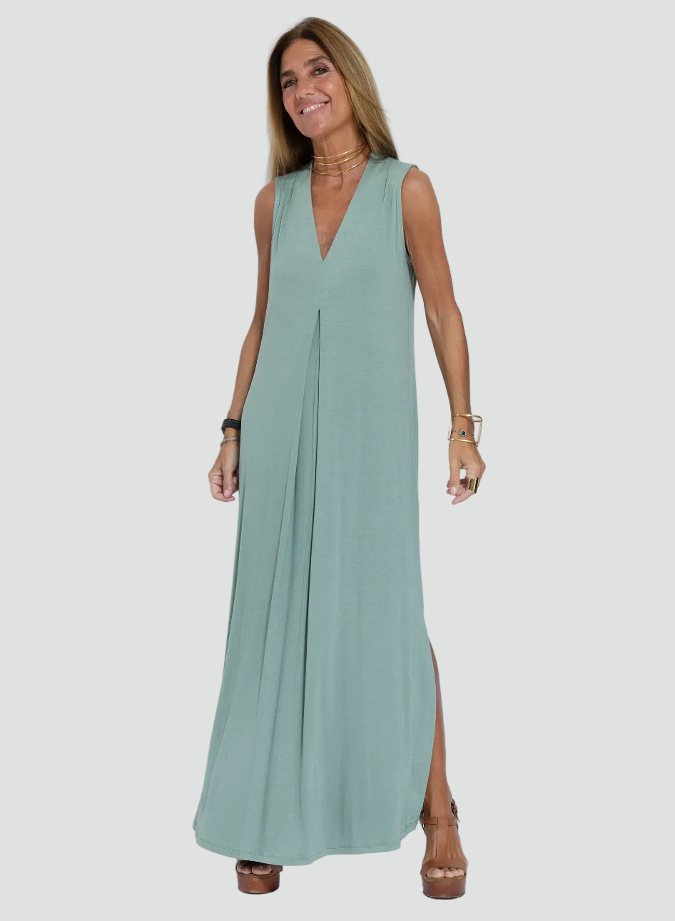 Women's set with maxi dress, shrug, V-neck, and slit