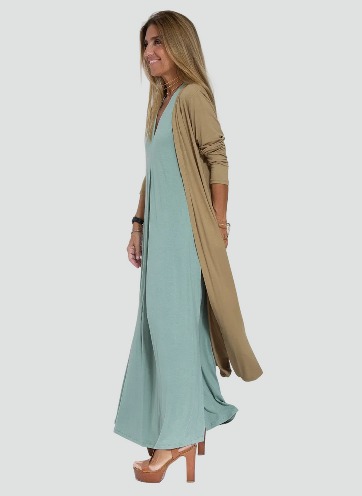 Women's set with maxi dress, shrug, V-neck, and slit