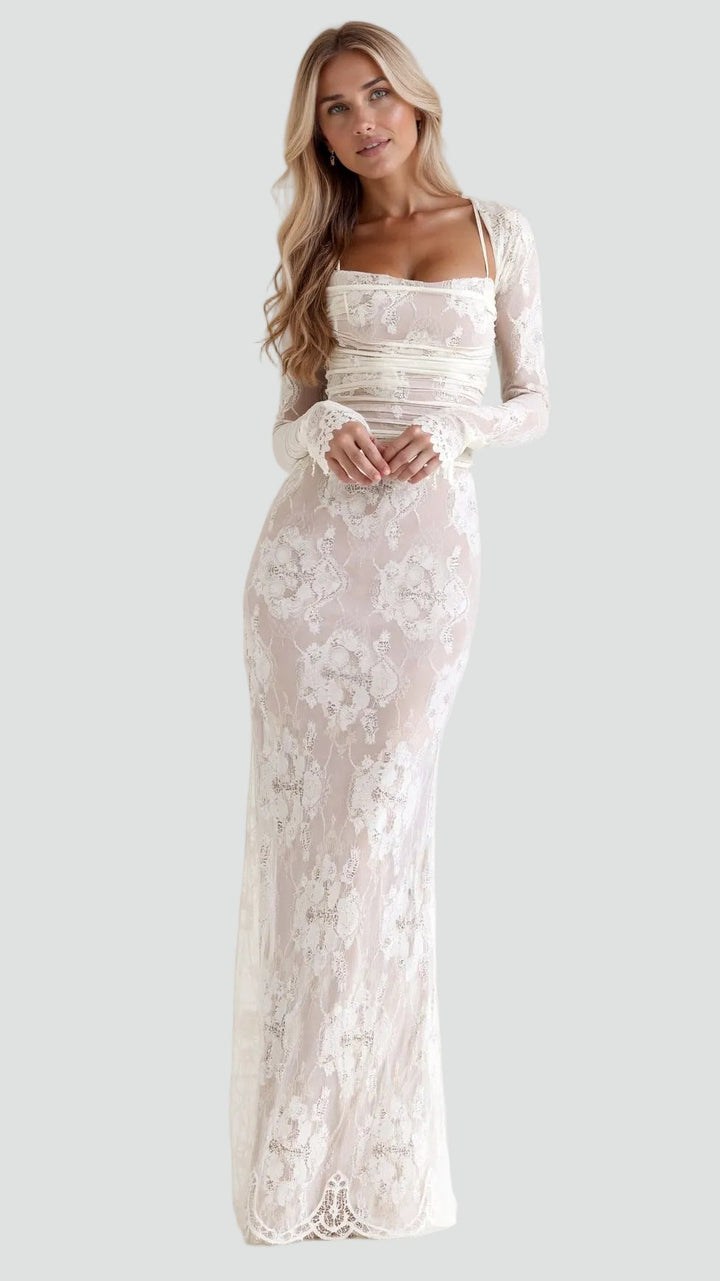 Elegancka sukienka maxi damska gala koronkowa z wiązaniem