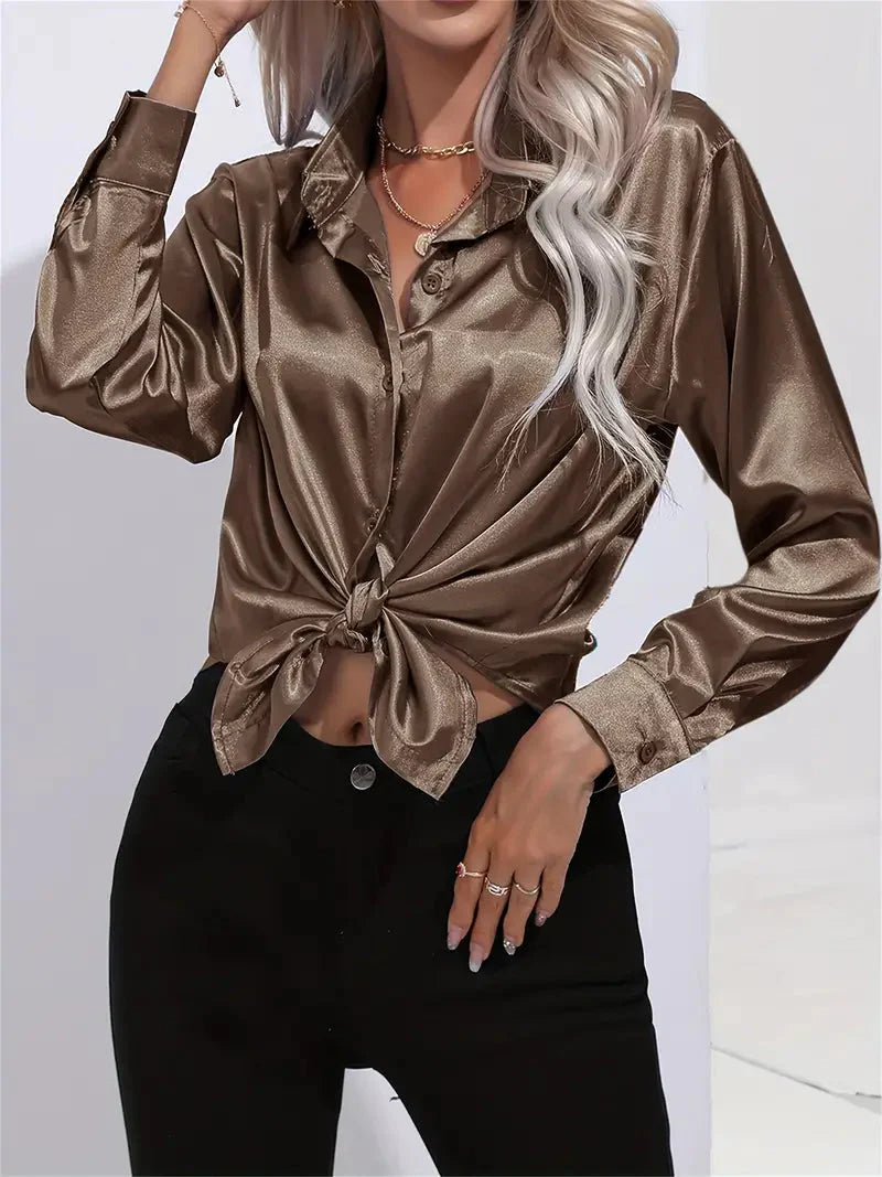 Elegant women's satin-finish shirt with buttons